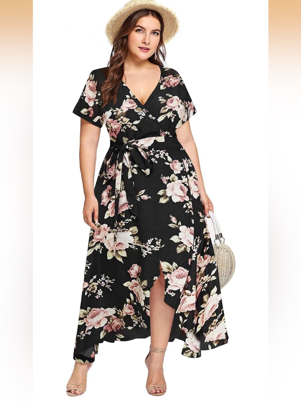 Black Floral High-Low Wrap Dress with Pink Blooms